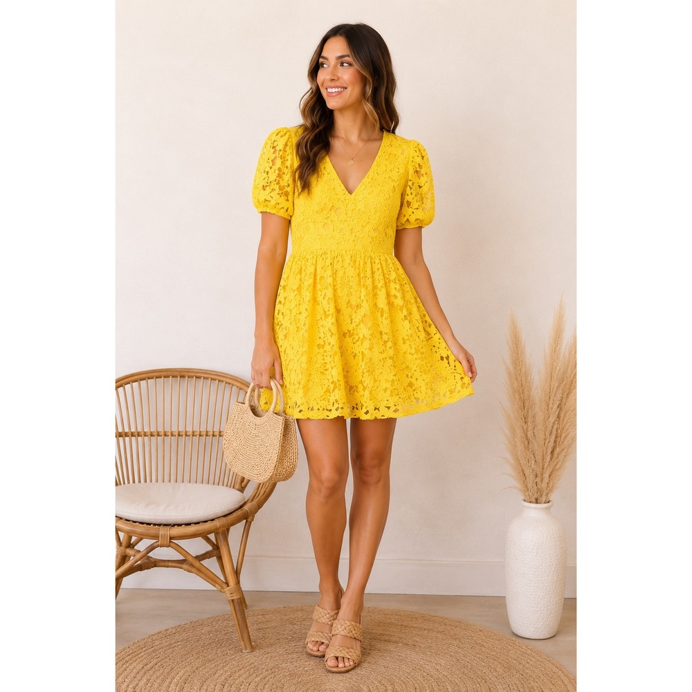 NEW Prabal‎ Gurung for JCPenney Dress Women 12 Yellow Floral Lace Puff Sleeve